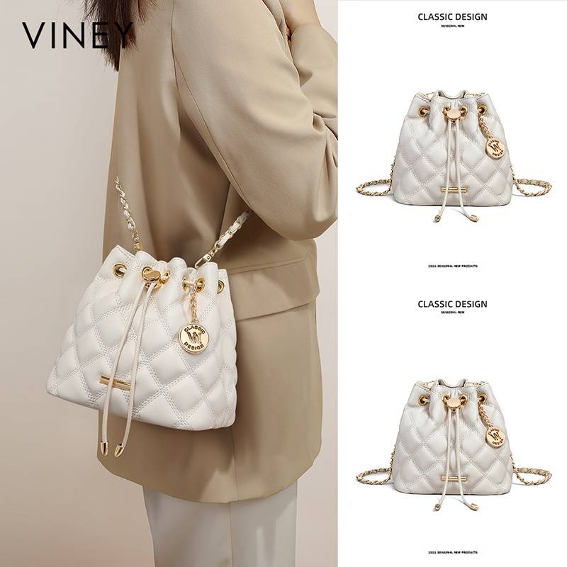 VINEY Bucket Bag Women's 2025 New Summer Genuine Leather Women's Bag Rhombus Chain Bag Small Tote Bag Messenger Bag