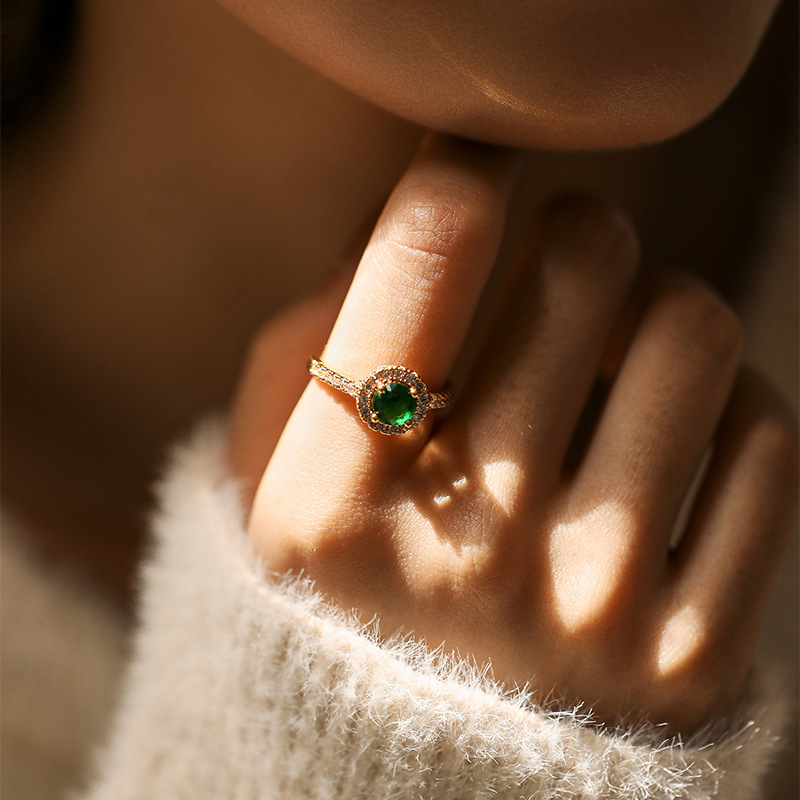 Zircon light luxury ring real gold electroplating color preserving metal texture French retro ring active temperament turquoise ring