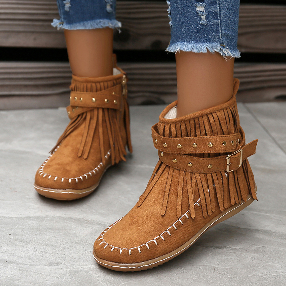 Women's boots, short boots, rivets flat tassel boots, warm women's shoes