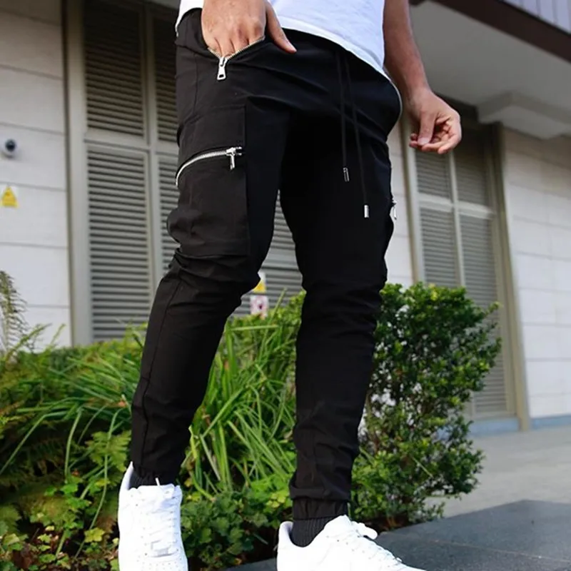 Mens Joggers Casual Cargo Pants Fiess Sportswear Bottoms Fashion Solid Color Zipper Multi-Pocket Hip Hop Streetwear Men