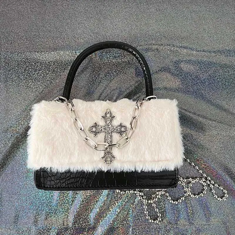 Quick view list Y2k Gothic Handbag for Women Soft Plush Cross Applique Chain Shoulder Hot Girls Hip Hop American Style
