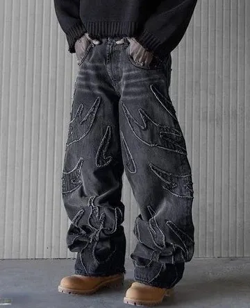 Baggy Jeans for Men Y2k Hip Hop Distressed Retro Black Pants Oversized Embroidery Haruku Gothic Wide Leg Trousers