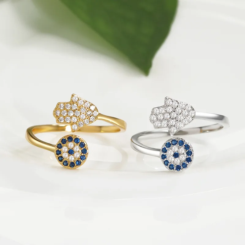 Ready Stock YILUOCD Hamsa Fatima's Hand Open Rings Turkish Blue Cubic Zircon Evil Eye Ring Protection Amulet Islamic Je Jewelry