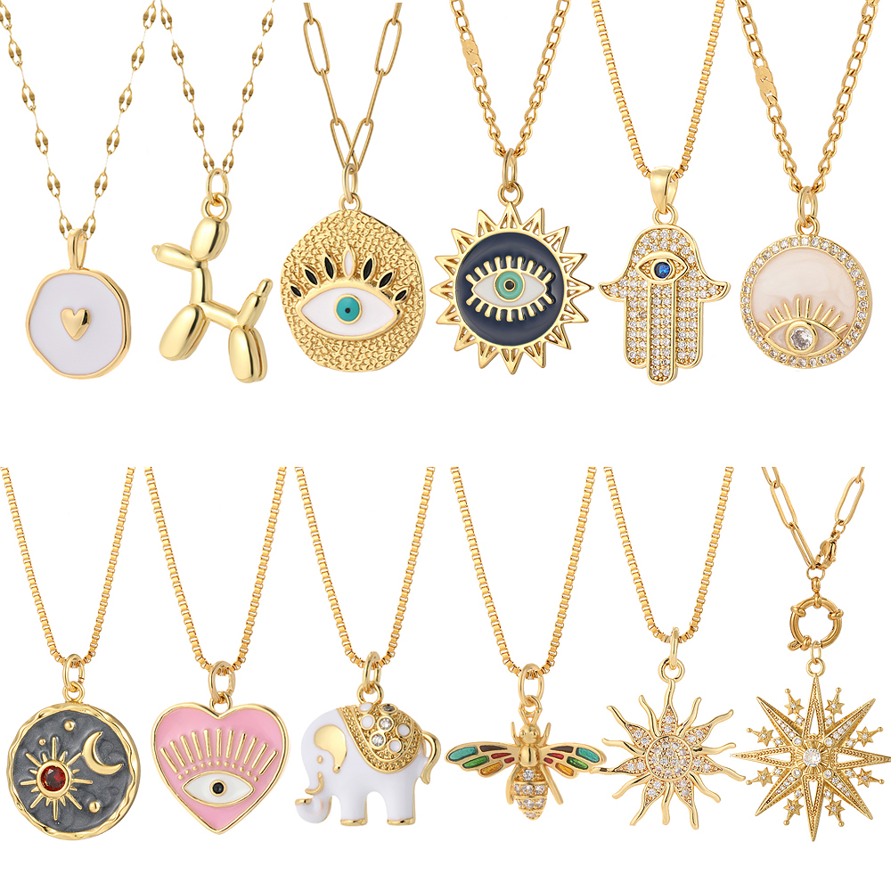 Heart Evil Blue Eye Sun Necklace for Women Cute Dog Bee Elephant Gold Color Pendant Woman Collars Long Stainless Steel Chains