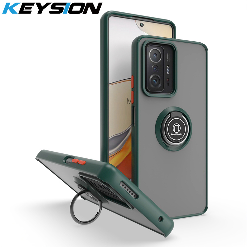 KEYSION Fashion Matte Case for Xiaomi 11T Pro 5G Transparent Ring Stand Shockproof Phone Cover for Xiaomi Mi 10T Pro 5G