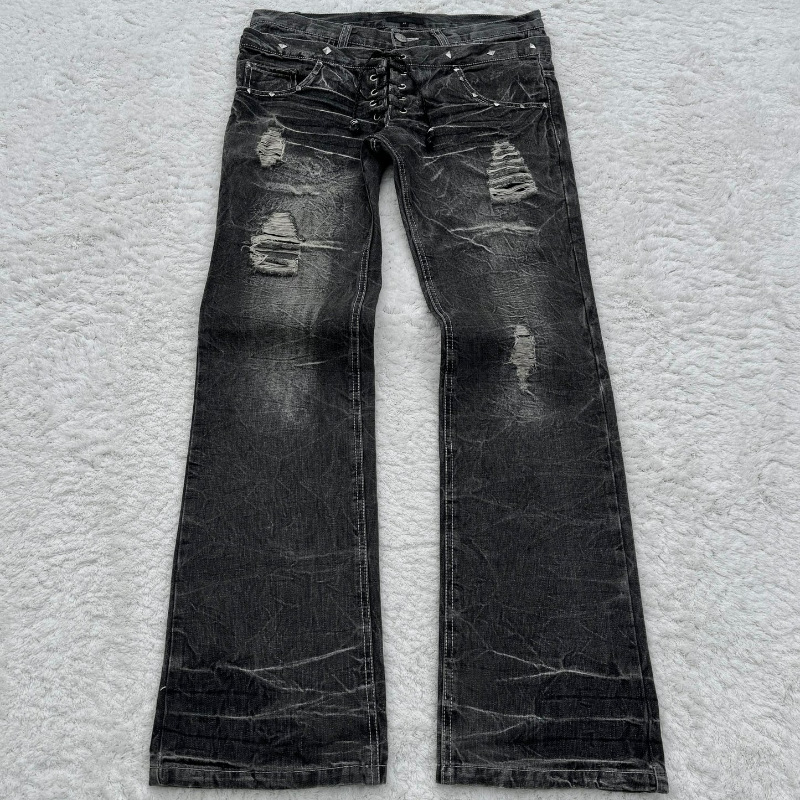 Men's Clothing Gothic Retro Flared Washed Distressed Double Waist Denim Trousers