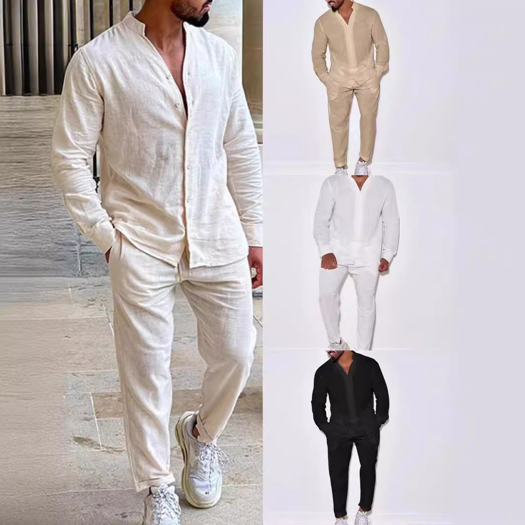 Herrenbekleidung Sportanzug Herren Leinen Herbst Freizeitanzug Langarm Mode Arbeitskleidung Hose Außenhandel Zweiteiliges Set