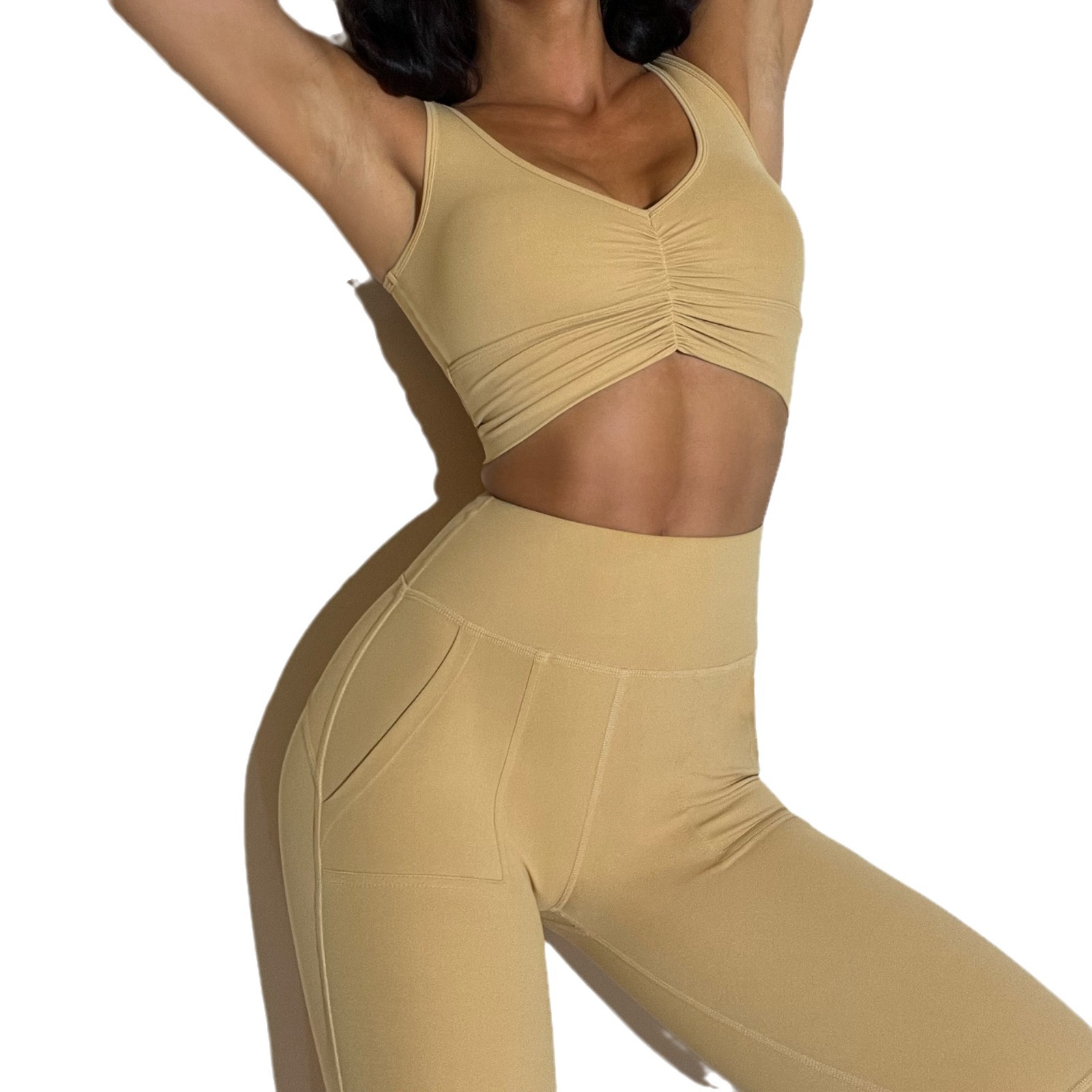 Nude Tight Gather Pleated Yoga Vest Fitness Wear Women's Yoga Sports Bra With Chest Pad