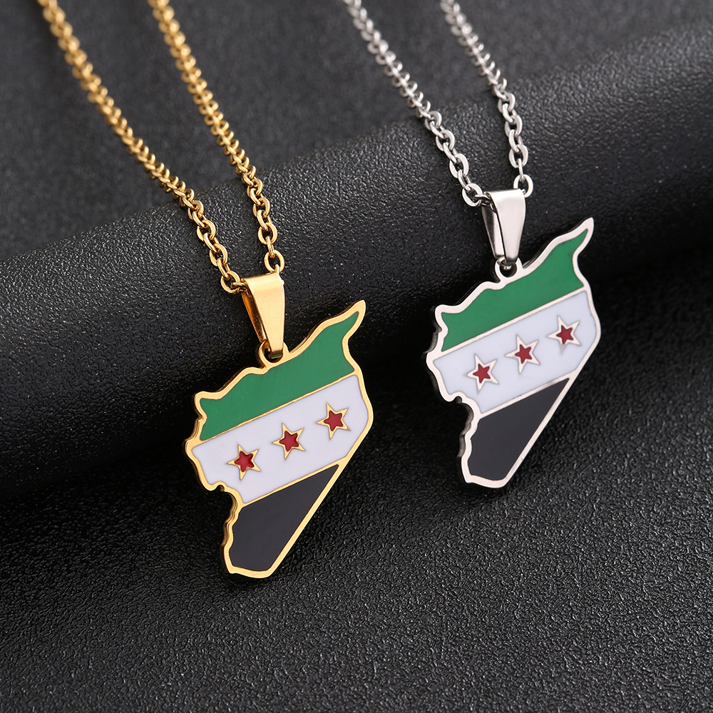 Stainless Steel Syrian Free Army Map And Flag Necklace For Men And Women Couple Sweater Chain Baccessories