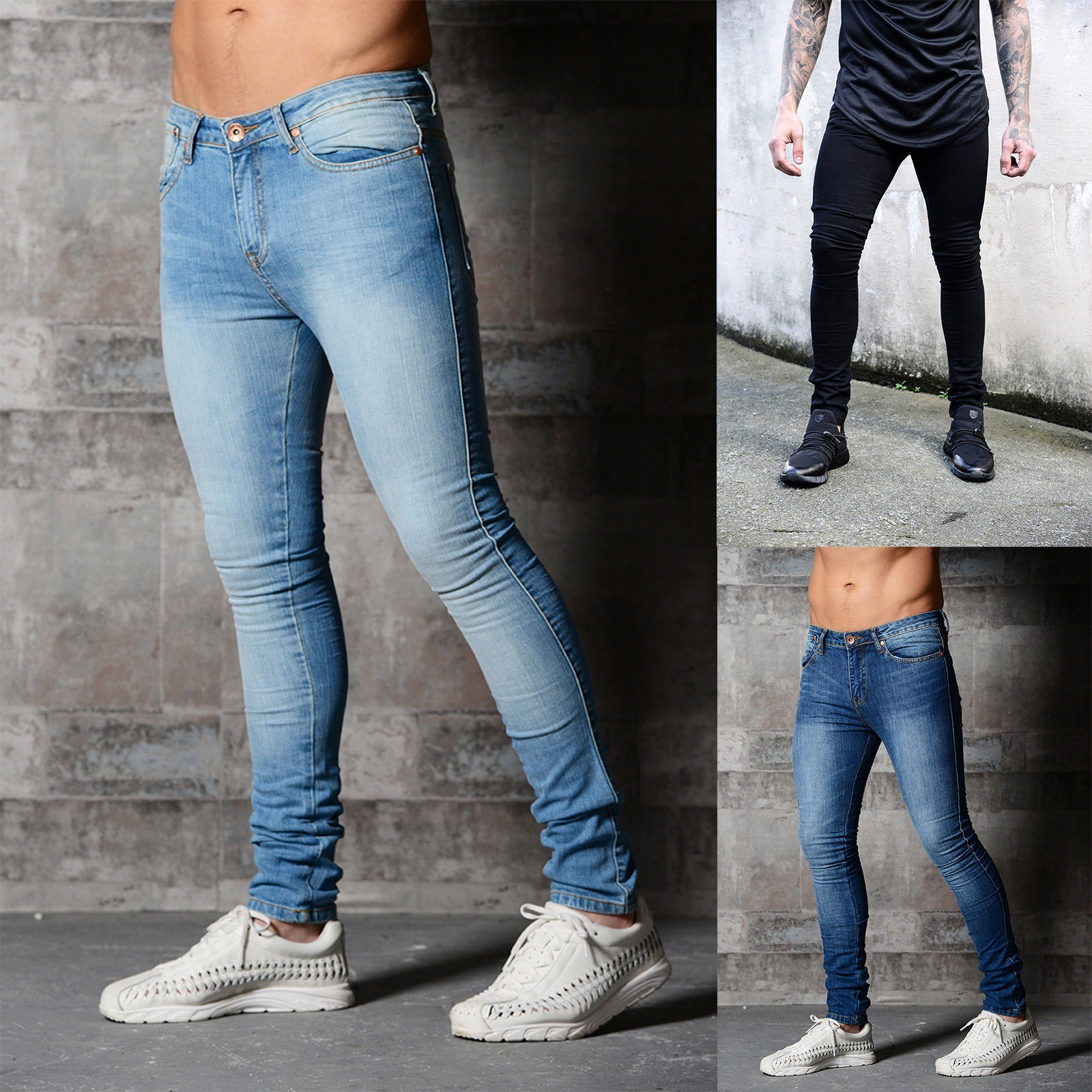 Men's Skinny Jeans - Stretch Denim Pants For Gym & Streetwear (Dark Blue/Light Blue/Black) - S-3XL