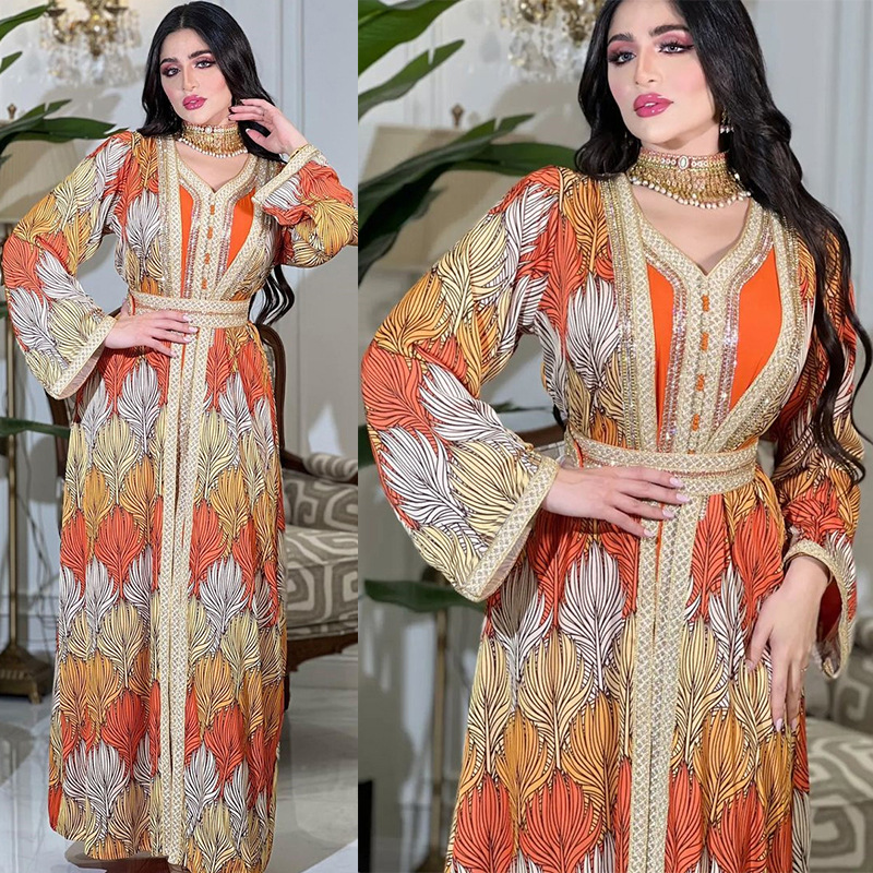AB315 Long Sleeve Inner Layer Ribbon And Rhinestone Print Fashion Muslim Robe Jalabiya Set With Inlaid Diamonds
