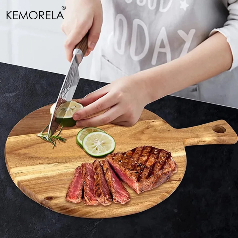 Wooden Cutting Board Acacia Wood Pizza Board with Handle Round Portable Wooden Dinner Plate Kitchen Tray