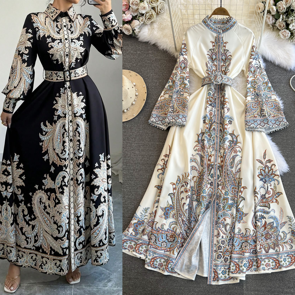 Women's clothing Palace Style Trumpet Long Sleeve Stand Collar Waist Slim Single Breasted A-line Positioning Print Dress Dress For Women