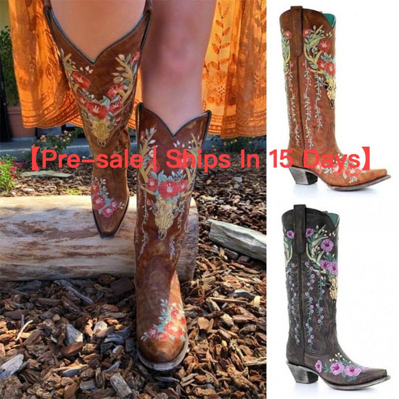 【Pre-sale | Ships In 15 Days】women's Plus-size Embroidered Western Boots With Chunky Heel Set And Color Matching Plus-size Boots