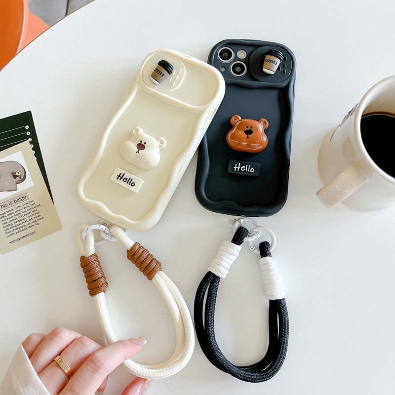 Fashion Coffee Bear Wrist Strap Shockproof Cover for iPhone 15 Pro Max 14 Plus 13 12 11 Pro Max Soft Case for iPhone 14 Pro Max