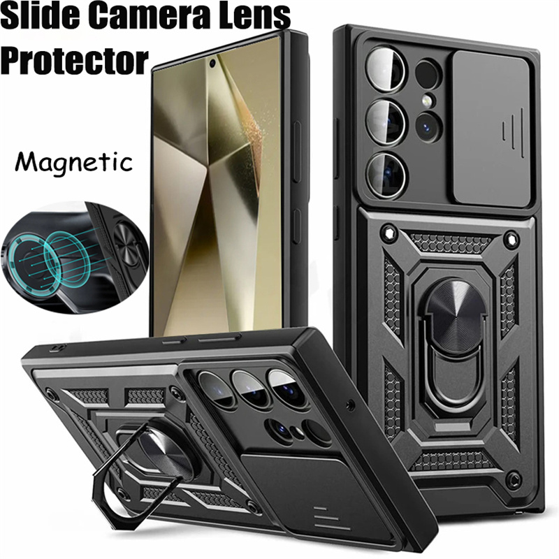 Slide Camera Lens Cases For Samsung Galaxy S24 S23 S22 S21 S20 Ultra Plus Magnetic Ring Stand Case For Samsung S24 S23 FE Cover
