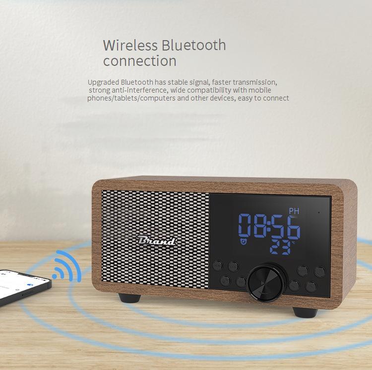 Home Garden New Fm Radio Wireless Wooden Bluetooth Speaker Subwoofer Small Speaker Clock Card Retro Bluetooth Speaker