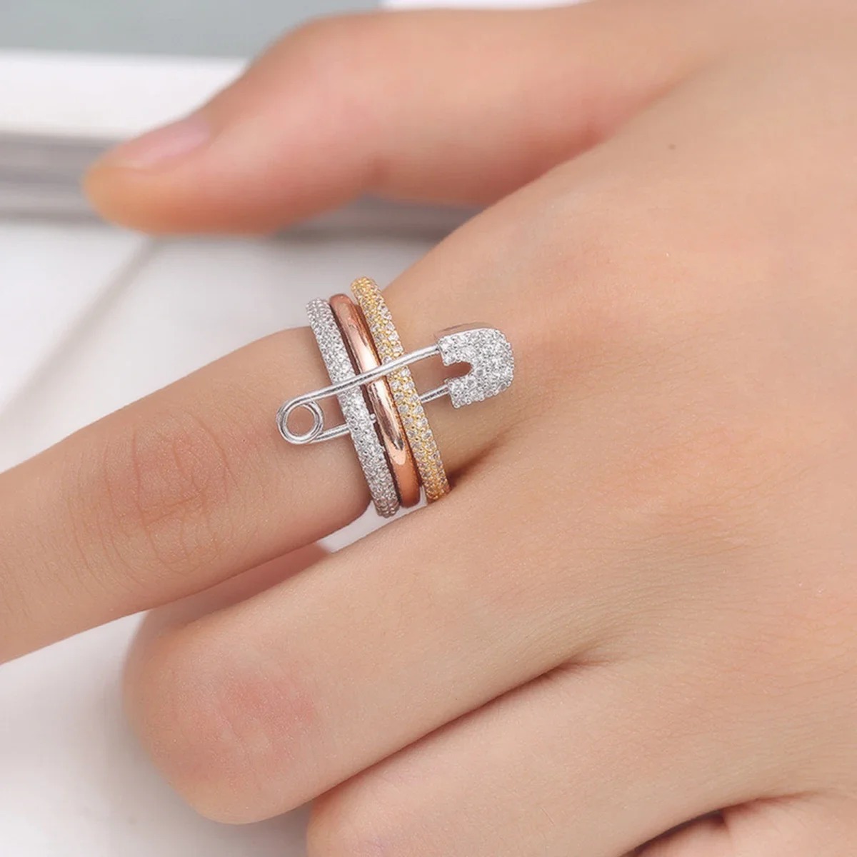 Stapelbare geometrische Ringe für Damen, Set mit Micro-Pavé-Zirkonia, verstellbare Ringe im Pin-Design, Persönlichkeit, Micro-Inlay-Zirkon-Pin-Ring