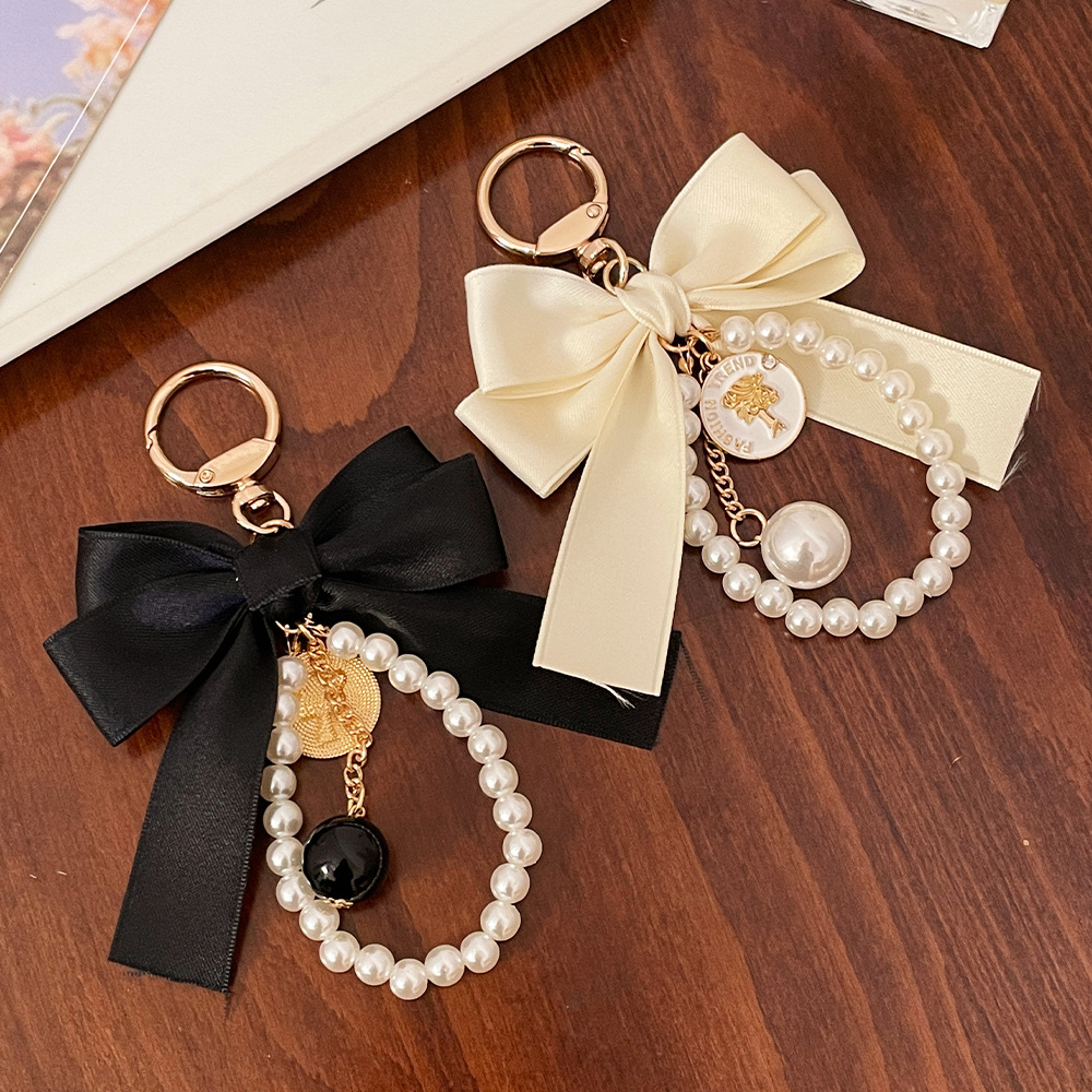e Big Bow Tie Pearl String Keychain Ribbon Bag Pendant Handmade Hair Accessories Car Accessories