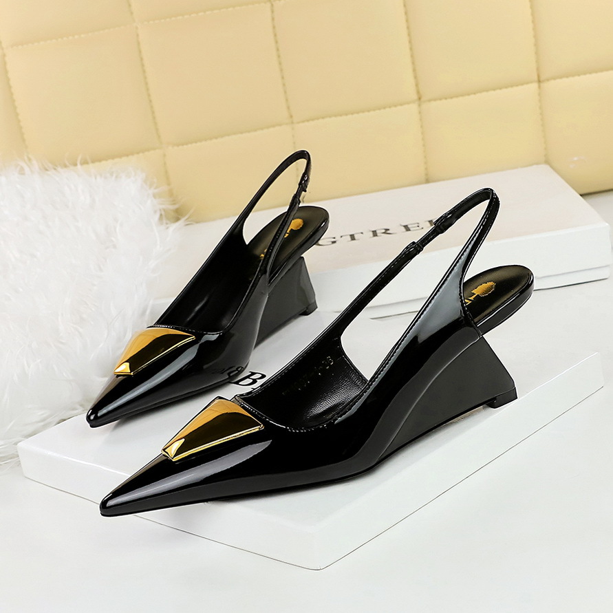 Women's Shoes high heels wedge heels patent leather hollow back strap shallow mouth pointed metal decoration single shoes