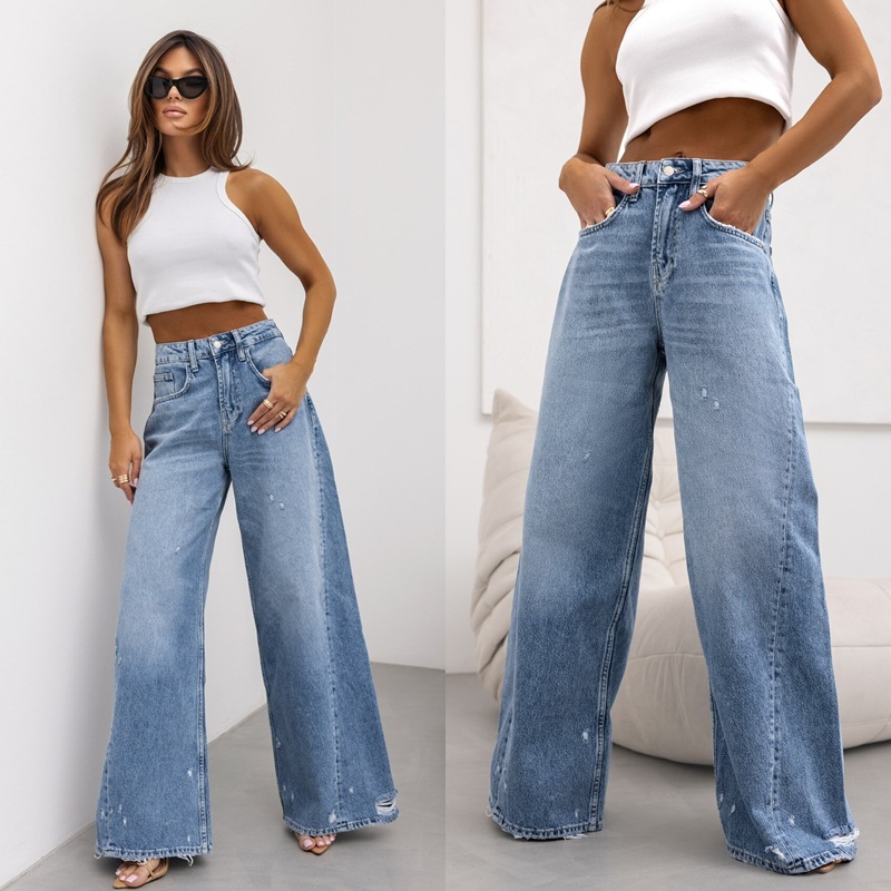 American Retro Straight Ripped Jeans Women's European And American Summer New Wide Leg Pants