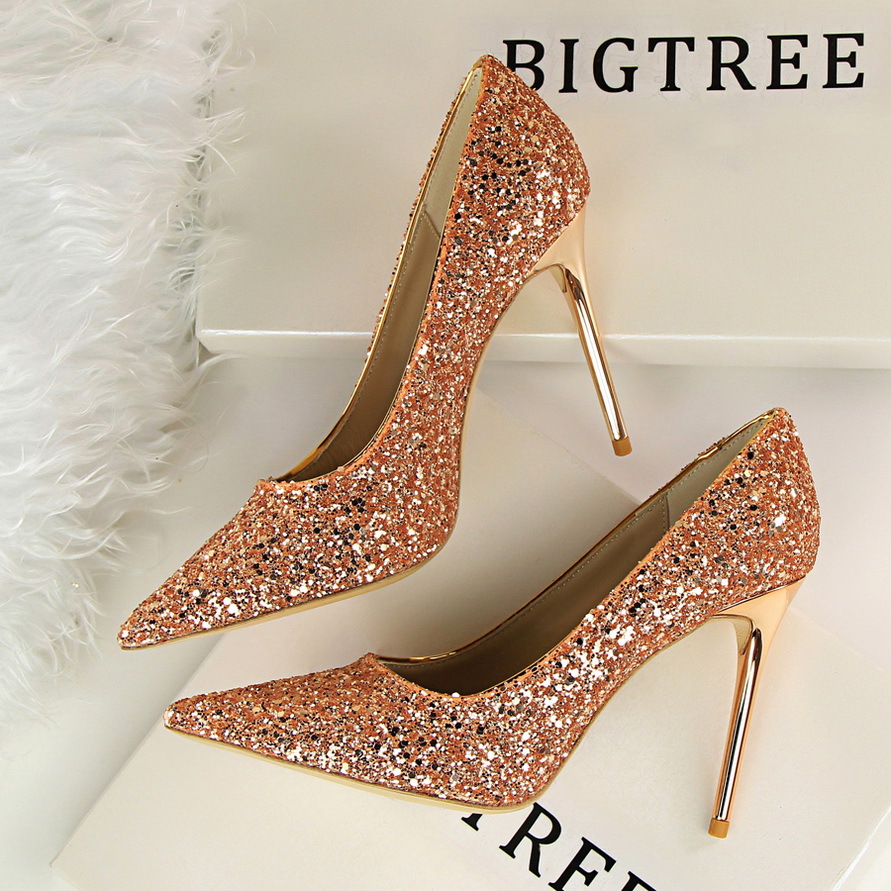 Women's high heels shallow mouth pointy glitter sexy slim nightclub high heels single shoes