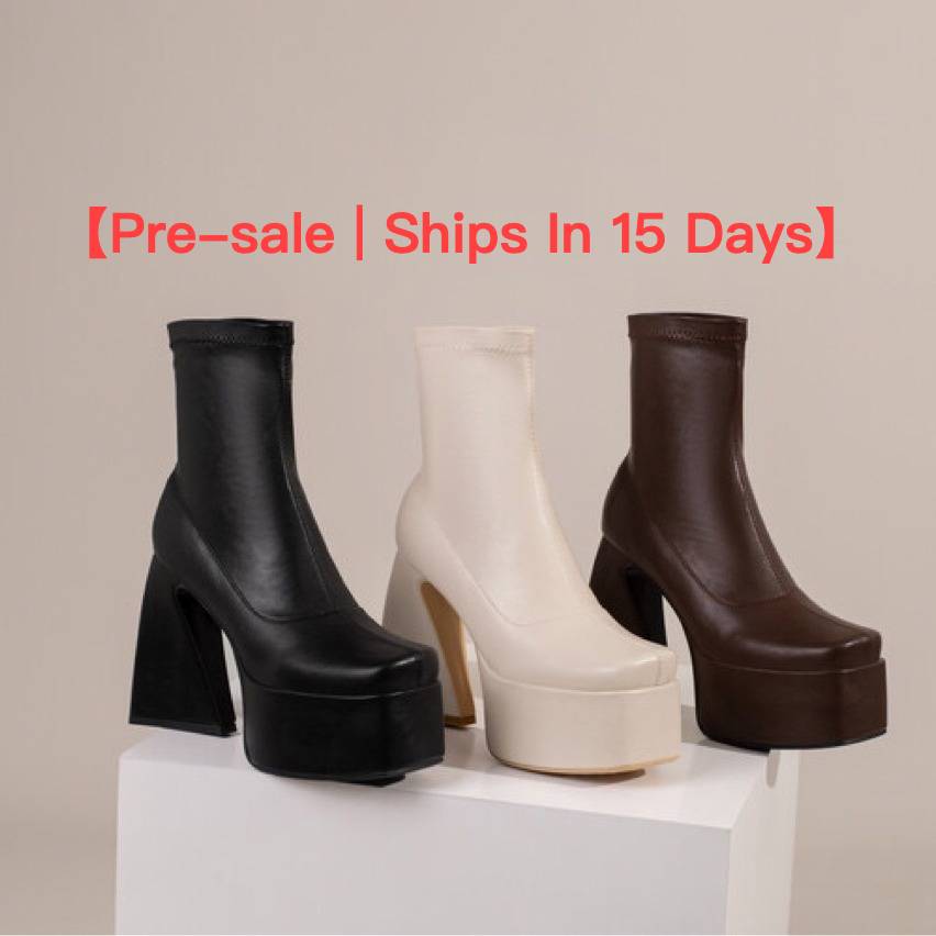 【Pre-sale | Ships In 15 Days】sexy Square Head Chunky Ankle Boots Women's Elastic Boots Square Head Waterproof Platform Super High Heel Skinny Boots