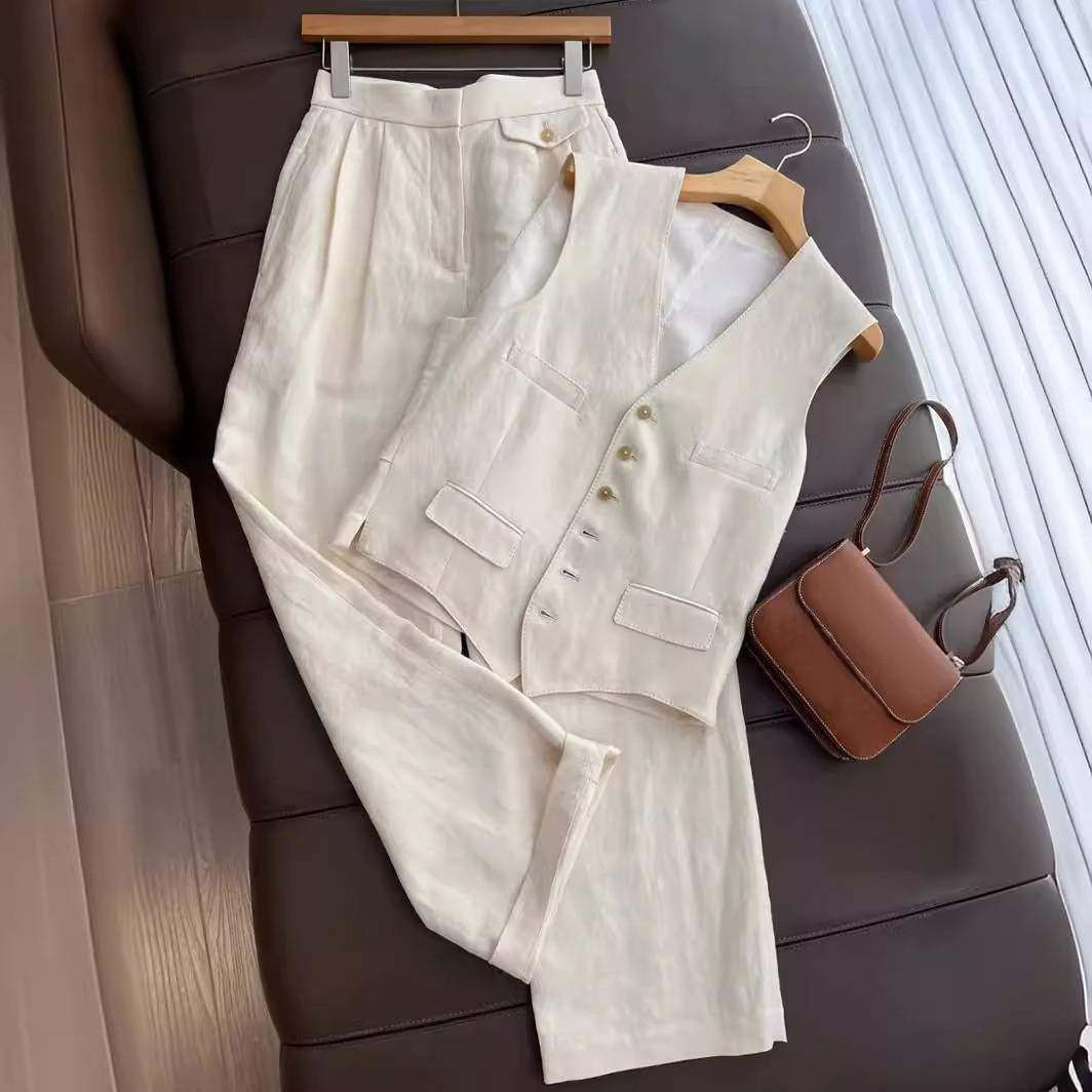 Damenbekleidung Temperament Baumwolle Leinen Anzug Weste Broadleg Hose Zwei Sets
