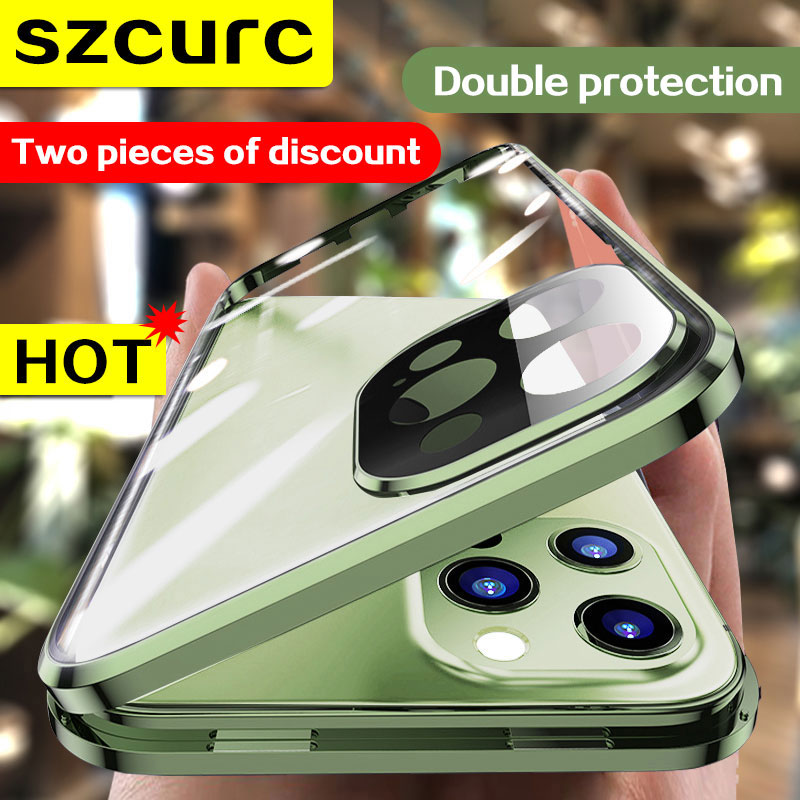 iPhone 11 12 Mini 13 New 360° Full Protection For iPhone 14 Pro max phone Case.Tempered Magnetic Adsorption Glass cover bag