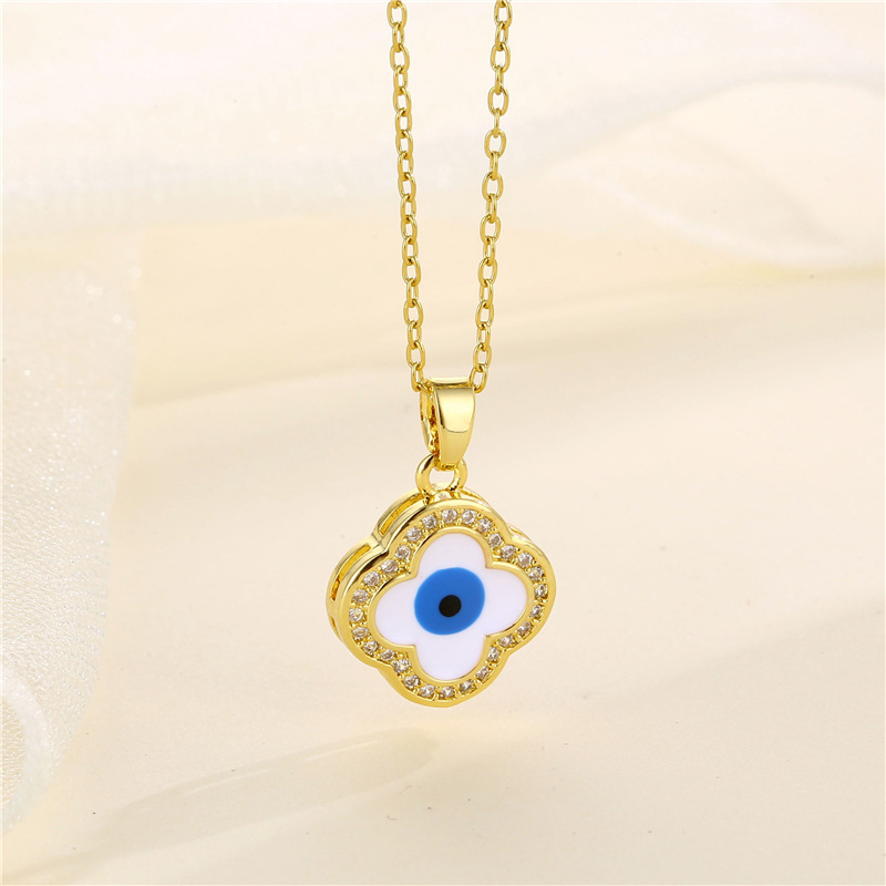 Set Zircon Evil Eye Necklace Four Leaf Grass Eye Pendant Female Wisdom Eye Set with Diamonds Dropping Oil Collar Chain