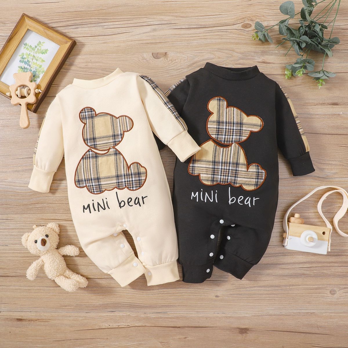 Kids’ Clothing Newborn Baby Boy Spring And Autumn Plaid Patch Bear Long Sleeved Openable One Piece Rompers