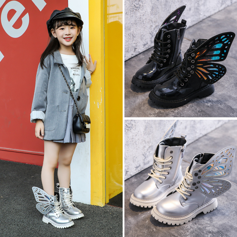 Women's Shoes Children's Martin boots spring and autumn new girls wings fashionable colorful short boots girls silver princess single boots trend