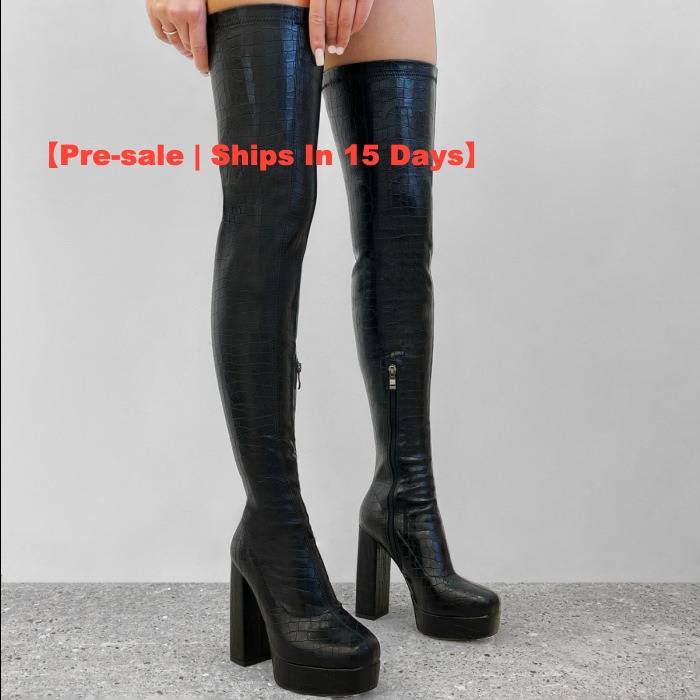 【Pre-sale | Ships In 15 Days】round Head Stone Print Side Zipper High Heels High Platform Long Over-the-knee Skinny Boots