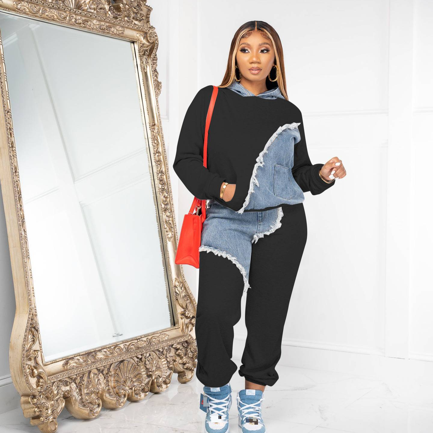 Stilvolle und schlanke Damenbekleidung, Denim-Spleißen, Kontrastfarben, lässige gerade Hosen, beliebte zweiteilige Anzüge
