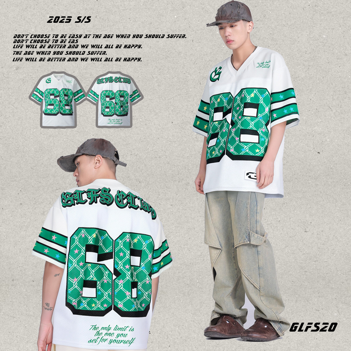 Clothing American Football Loose Mesh Graffiti Jersey Short T Shirt Men's V Neck Hip Hop Top Half Sleeve