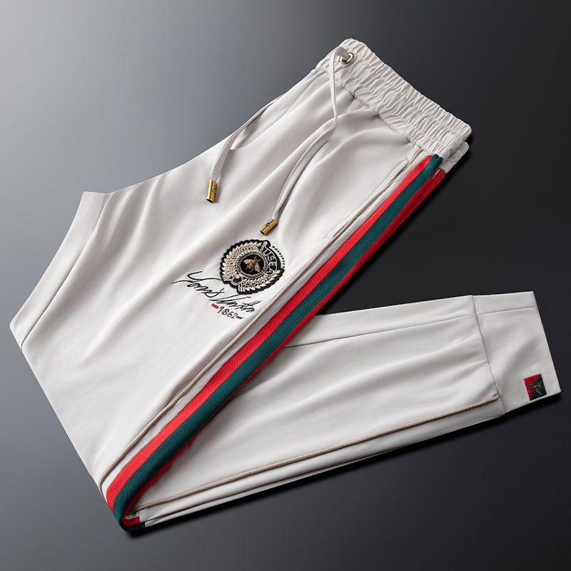 Light Luxury Trendy Brand Fashion Embroidered Sports For Summer Thin Side Stripe Weaving Ribbon Slim Fit Tie Feet Men's