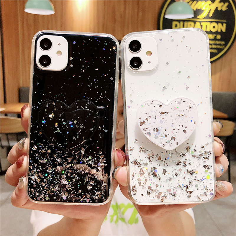 Glitter Stars Heart Fold Holder Phone Case For Huawei nova 8 pro 8i 9pro nova9 mate 20 lite mate10 30 Soft Silicone Stan