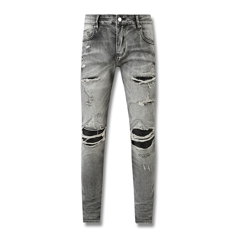 Men's Distressed Jeans With Leather Panels - Slim Fit Grey Denim Pants, Streetwear Patchwork Designer Jeans For Men