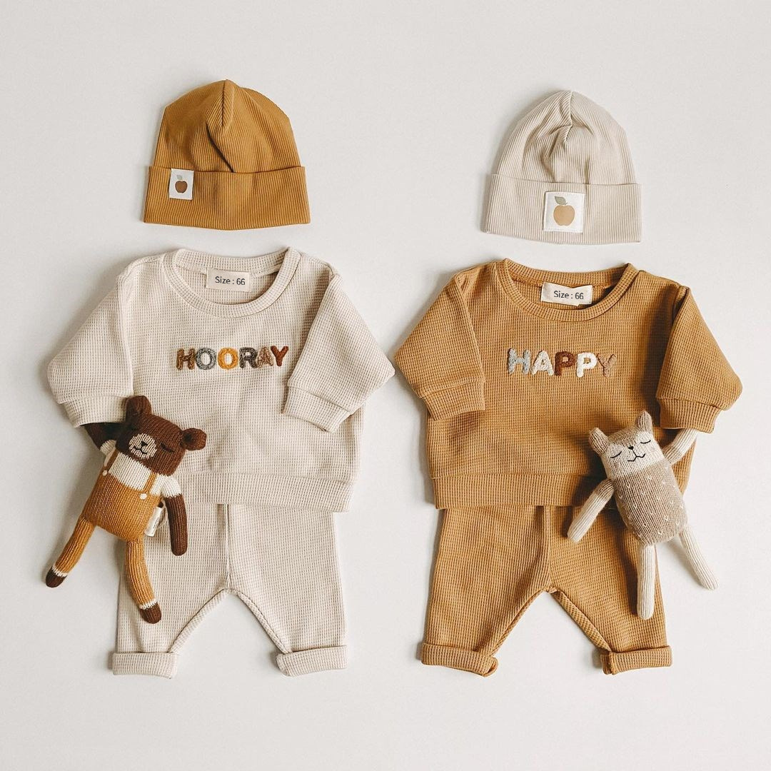 Children's hoodie set Waffle Baby Baby wear a two-piece set over baby clothes