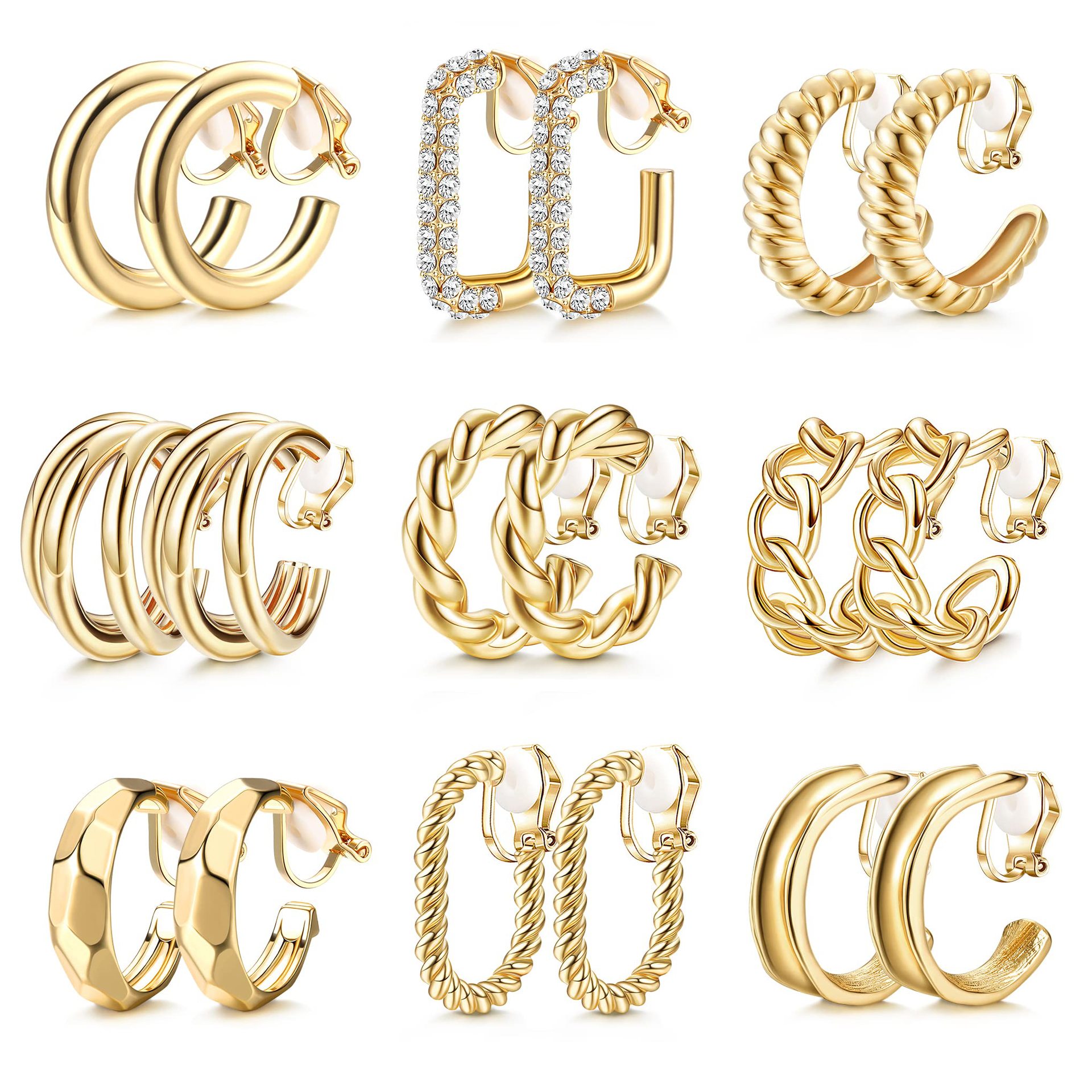 1 Pairs Gold Clip On Hoop Earrings for Women Girls Twist Chunky Geometric Round Huggie Hoop Ear Clip Non-Piercing Earrings