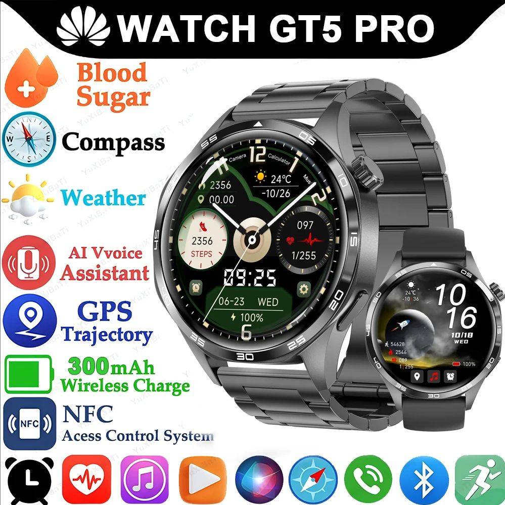 New Watch 5 GT5 Pro Sports Smart Watch Men 1.53' AMOLED Screen NFC GPS trace Compass Waterproof Bluetooth Call For HUAWEI SmartWatch