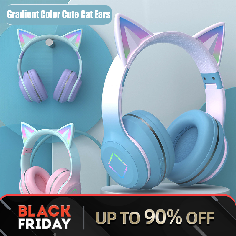 Headset Bluetooth Headphone Wireless Music Gradient Color LED Light Cat Ear With Mic Gamer Earphone Christmas Gifts