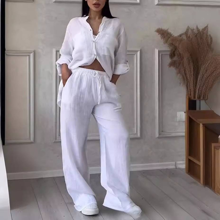 Elegant Women Linen 2 Piece Set Long Sleeve Shirt Wide Leg Pants Plain Color Loungewear Fall Winter Two Piece Matching Outfits