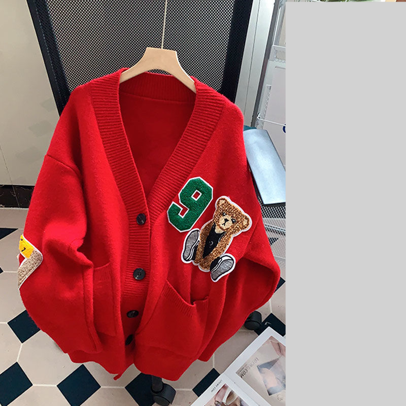 Women's Clothing cartoon bear sweater jacket women autumn and winter new version lazy style loose versatile knitted cardigan