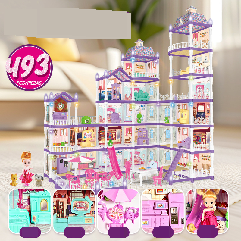 Mutter & Kinder, im Dunkeln leuchtendes DIY-Prinzessinnenschloss-Puppenhaus-Spielset, kreatives Bauspielzeug für Mädchen, LED-Leuchten (113/120/192/275/464/493 Teile)