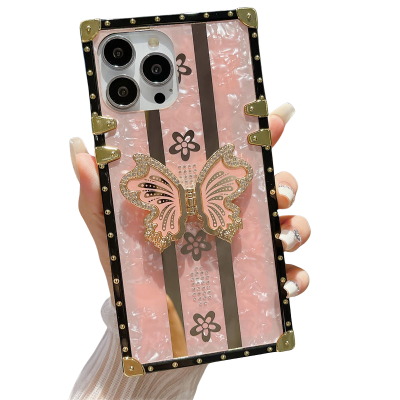 Diamond inlaid Phone Case For iPhone 15 Pro Max 13 12 11 XR 14 Puls Hard Acrylic Large Border Butterfly Bracket Cases