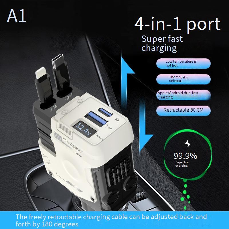 Car Chargers New Car Charger With Retractable Cable 4 In 1 Fast Charging Mecha Style Digital Display Cigarette Lighter Car Charger