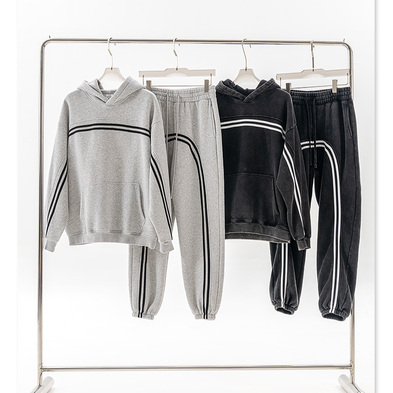 Men's Clothing Autumn High Quality Vintage Ribbon Hoodie Top Trendy Brand Contrast Color Plush Sweater Set