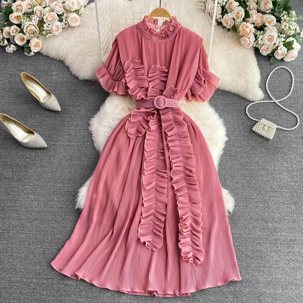 Women's Clothing Design Sense Niche Chic Stunning Elegant Stand Collar Trumpet Sleeve Tight Waist Slim A- Line Dress