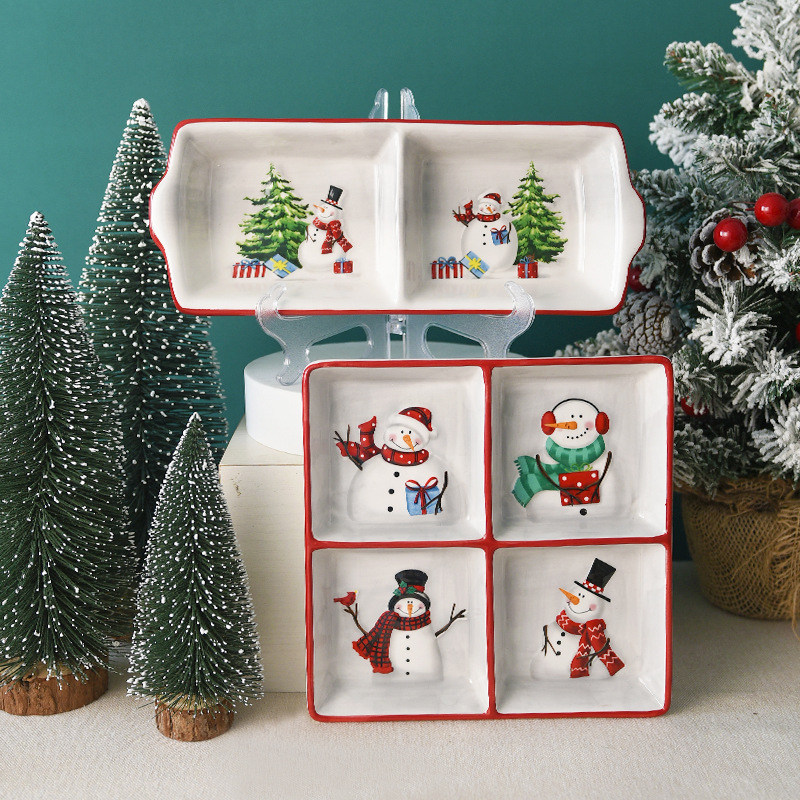 Christmas Nordic Country Christmas Snowman Ceramic Plate Relief Western Ceramic Four grid Plate Multi function Divided Plate Two grid Plate